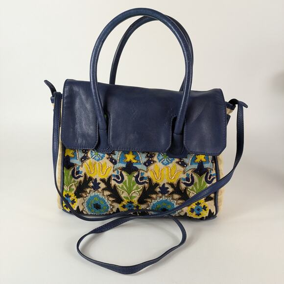 Sam Edelman Sylvia Purse Handbag Navy Blue Rare Embroidered Beads Leather Jute - Picture 1 of 16